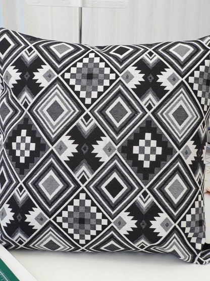 Monochrome Geometric Tapestry - Handmade Black & White Zipped Cushion Cover (18x18)