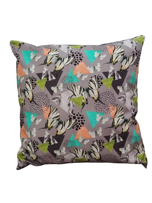 The handmade zipped cushion cover showing the zebra patterned butterflies on a grey background.  The cushion cover is approximately 44cms x 44cms and would be suitable for an 18 inch insert.  Please note the cushion insert is not included and the listing is for the cushion cover only.